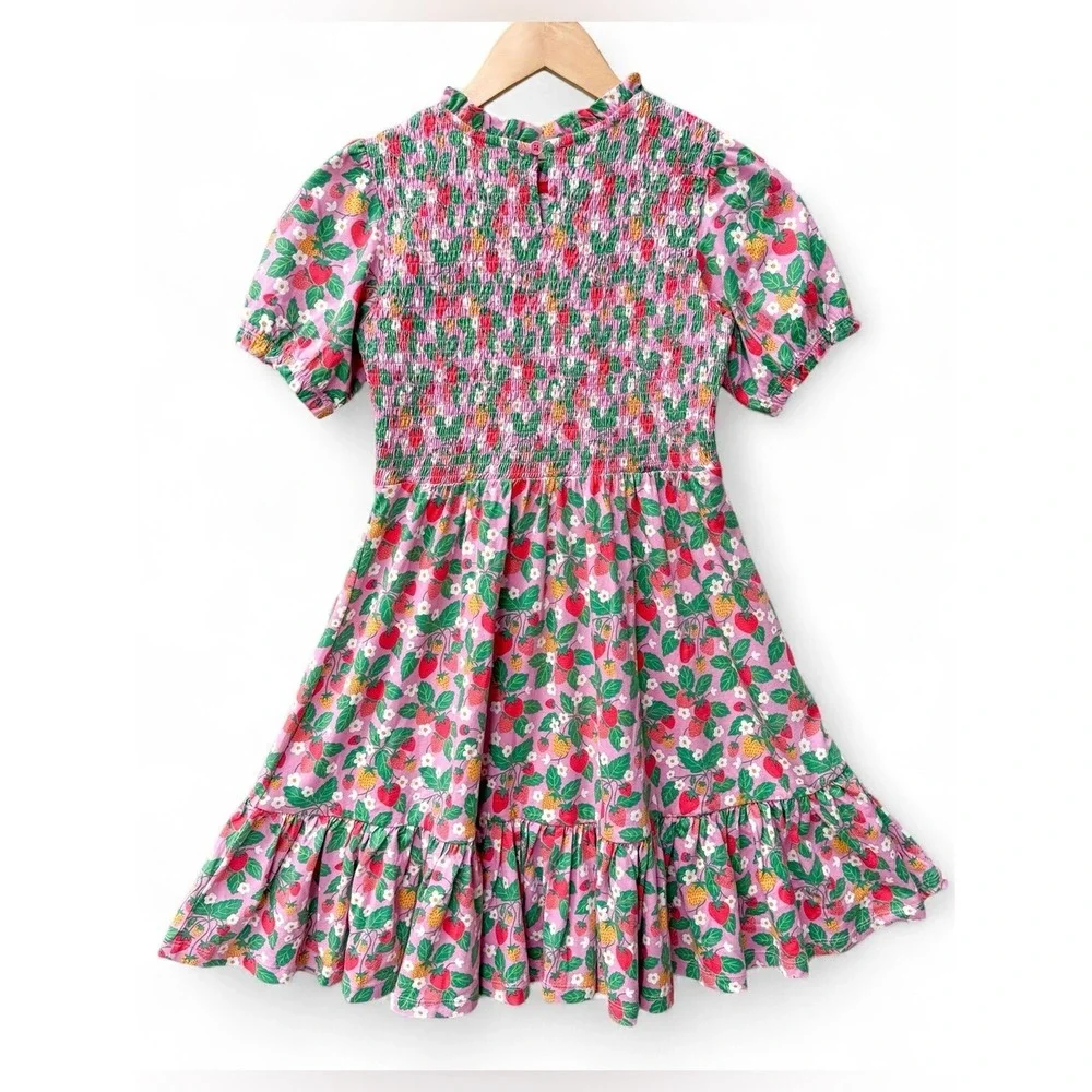 Mini Boden Aurora Strawberry Floral Smocked Dress Puff Sleeve Pink Girls 11-12 Y
